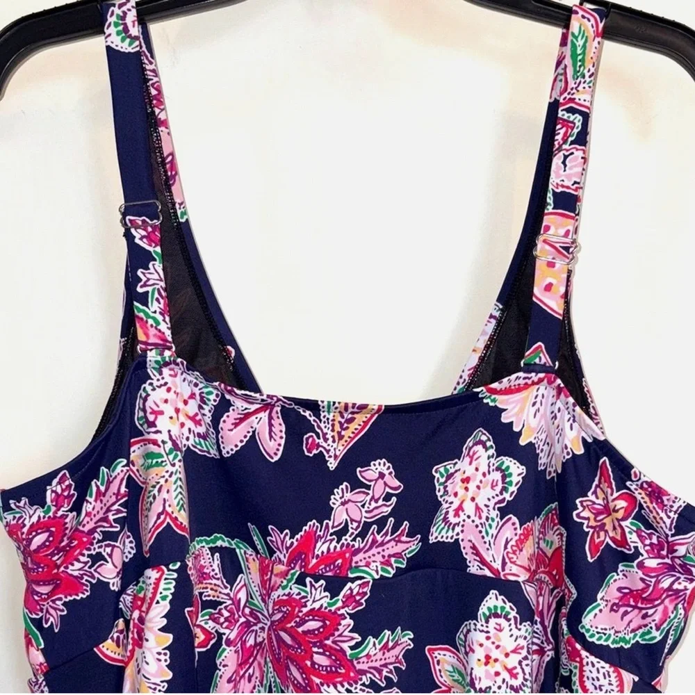 Swimsuits For All Size 28 Plus Floral Swim Dress Tummy Control Navy